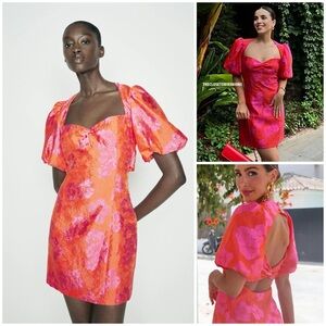 ZARA ~  Fuchsia Jacquard Puff Sleeves Mini Dress